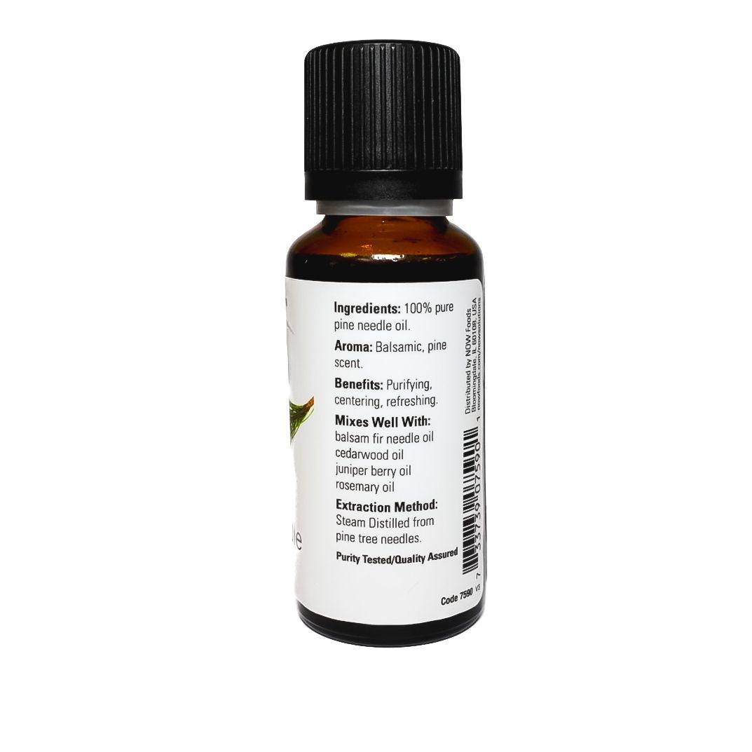 Small amber bottle of NOW essential oil with black cap and white label on a white background