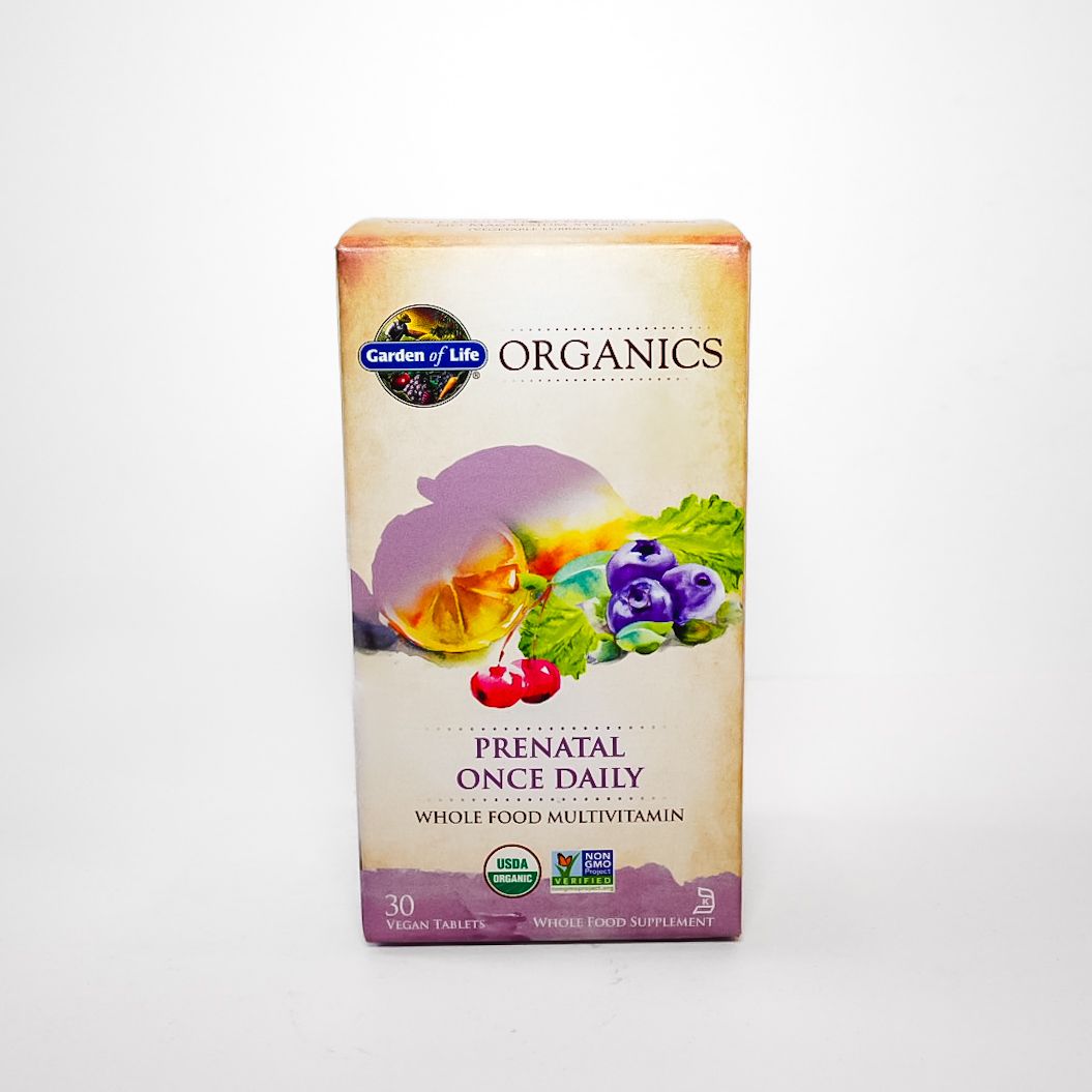 Box of Organics prenatal cereal with colorful fruit and vegetable graphics on a white background