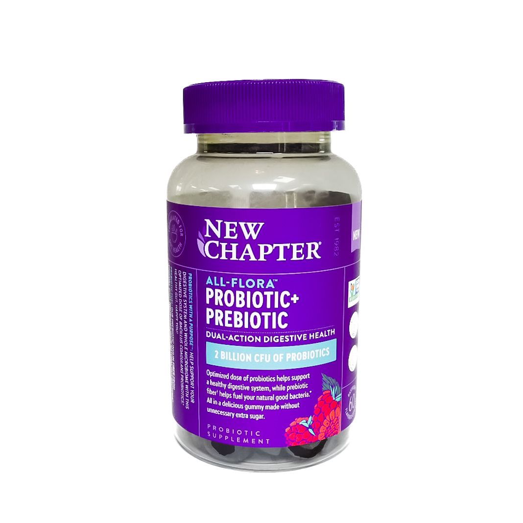 Purple bottle of New Chapter probiotic and prebiotic supplements