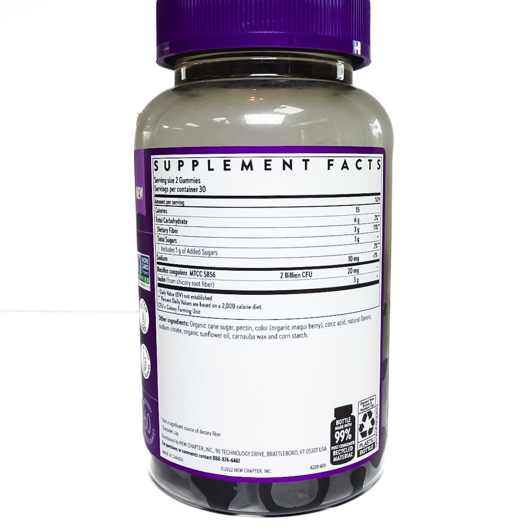New Chapter all-flora probiotic + prebiotic supplement bottle with purple label and cap