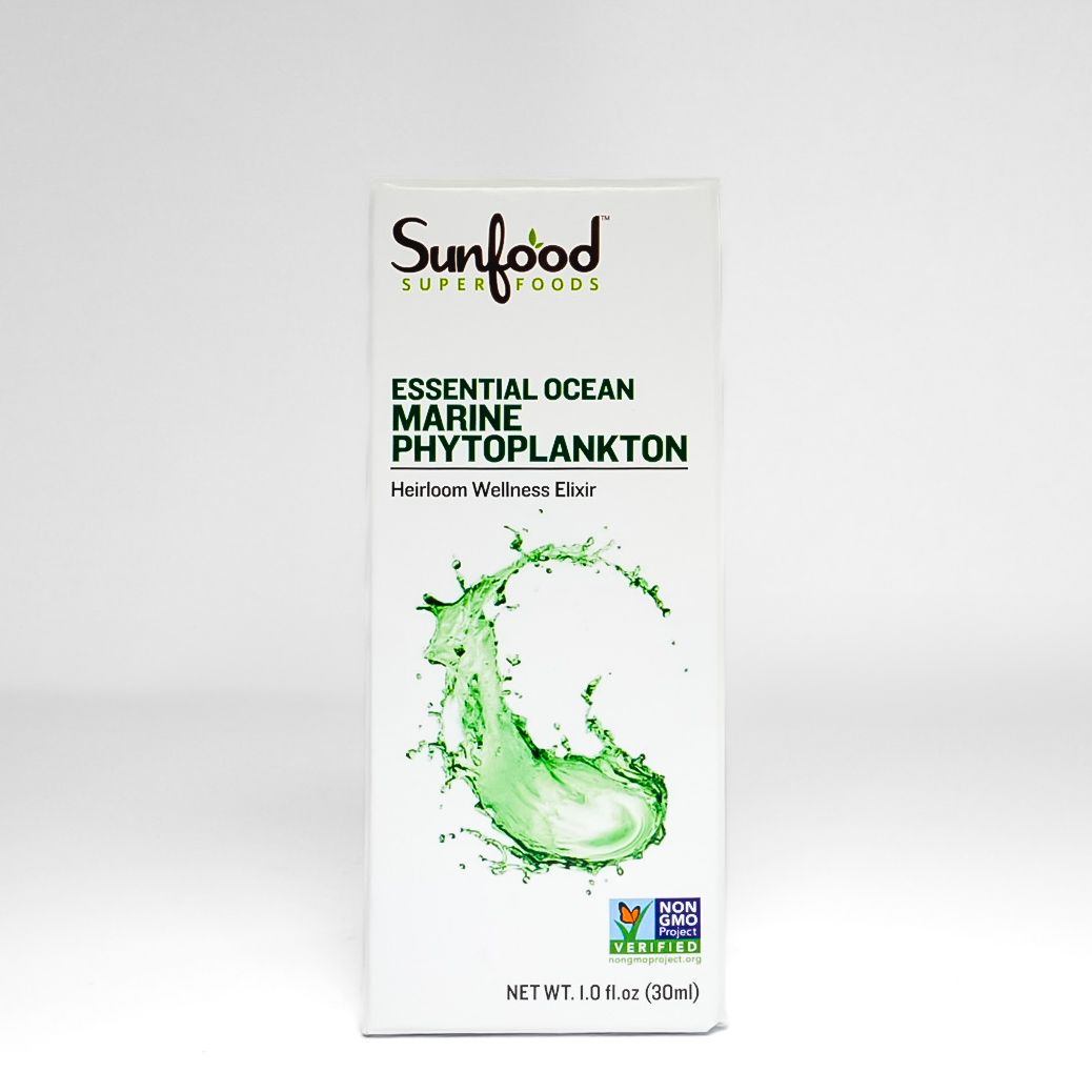 Sunfood Essential Ocean Marine Phytoplankton supplement box with green wave design on white background