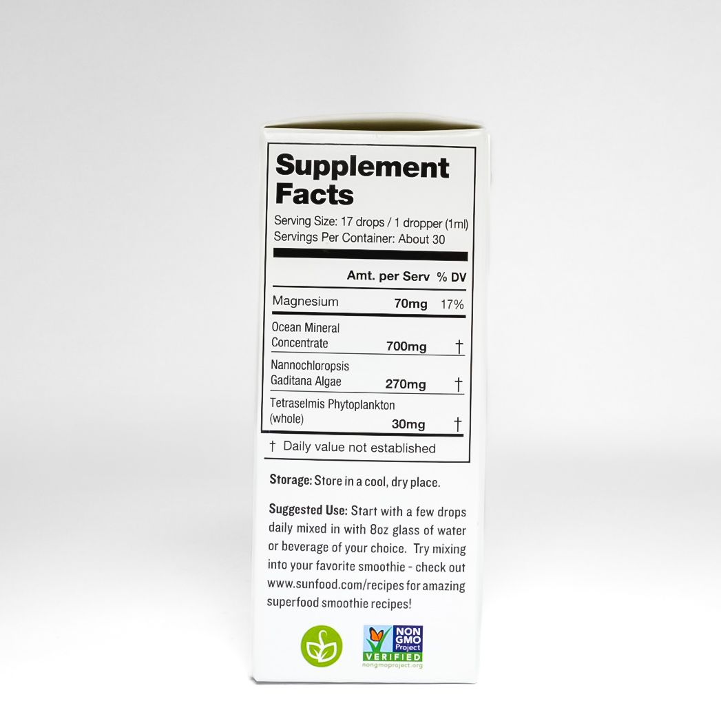 Sunfood Essential Ocean Marine Phytoplankton supplement box with green wave design on white background