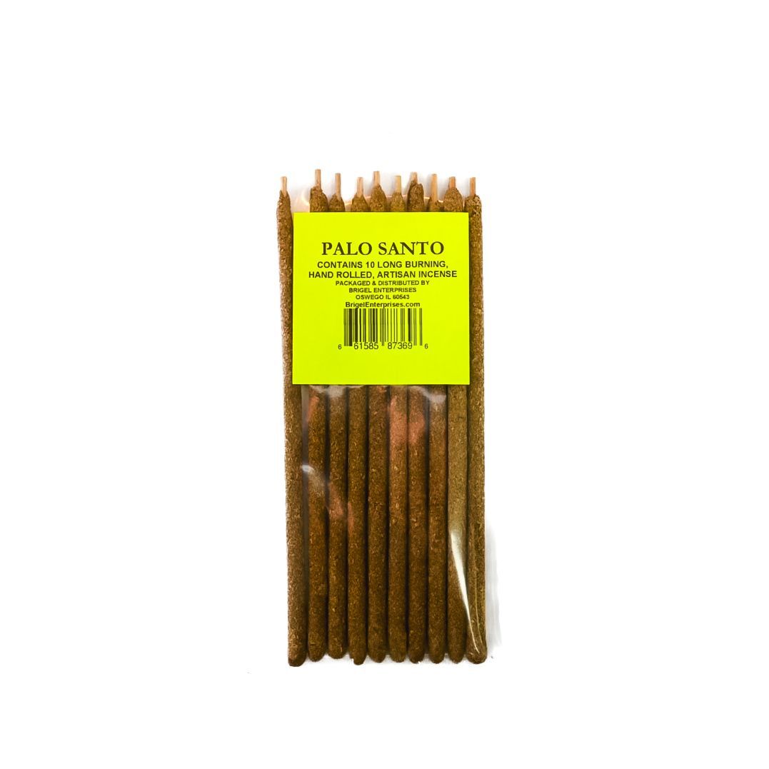 Packaged Palo Santo incense sticks with a bright yellow label on a white background