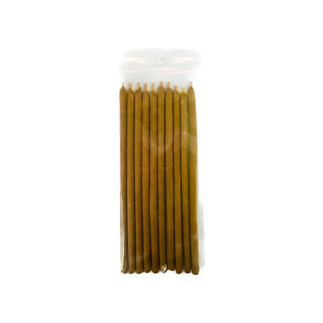 Package of brown cinnamon sticks in a clear plastic bag with a yellow label.
