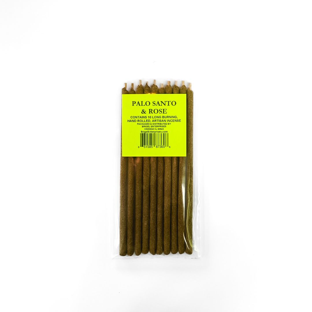 Bundle of brown palo santo sticks in a clear plastic package with a bright yellow label