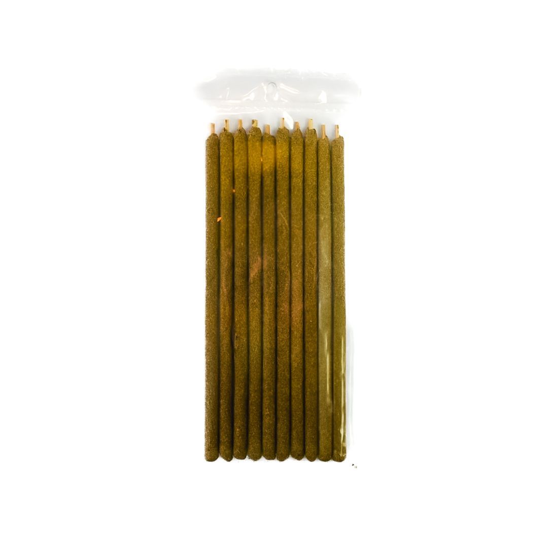 Bundle of brown palo santo sticks in a clear plastic package with a bright yellow label
