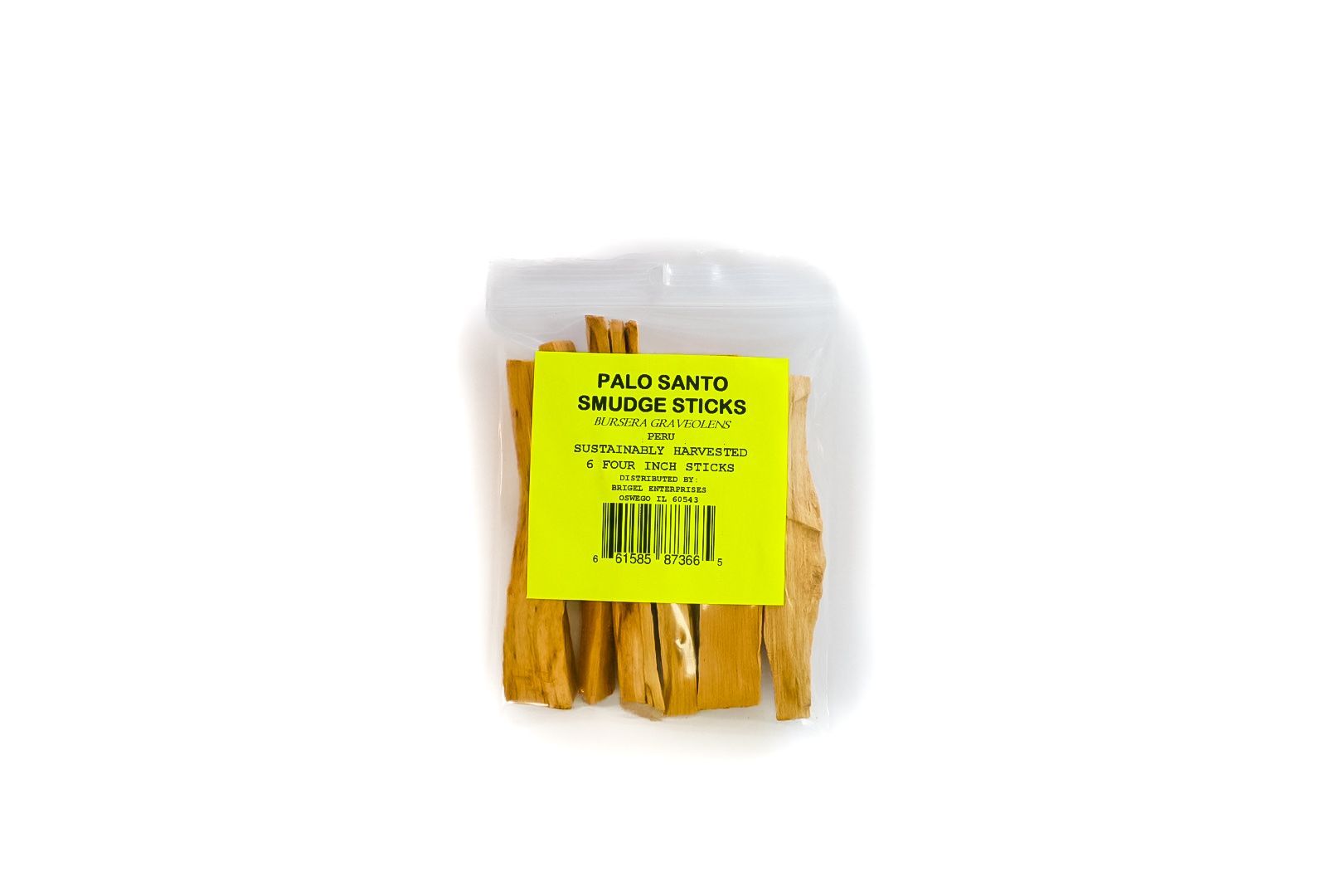 Clear plastic bag of yellow snack sticks with a bright yellow label, isolated on white background