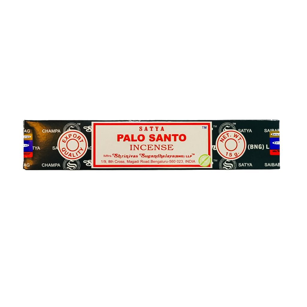 Palo Santo incense box with black, red, and cream packaging and circular decorative emblems.