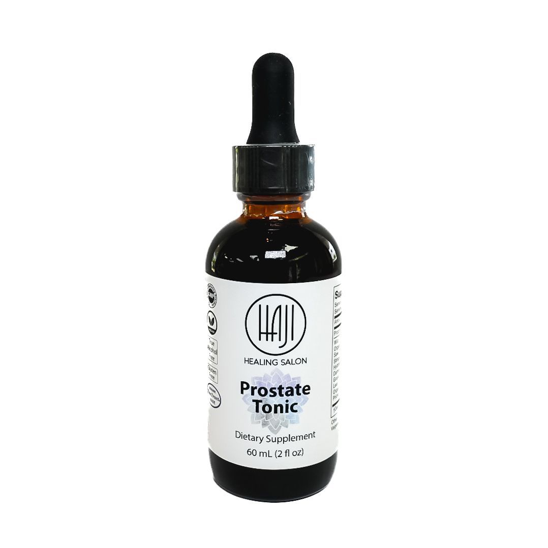 Brown dropper bottle labeled “Prostate Tonic” with black cap on a white background