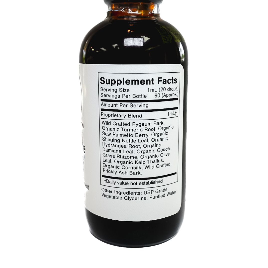 Brown dropper bottle labeled “Prostate Tonic” with black cap on a white background
