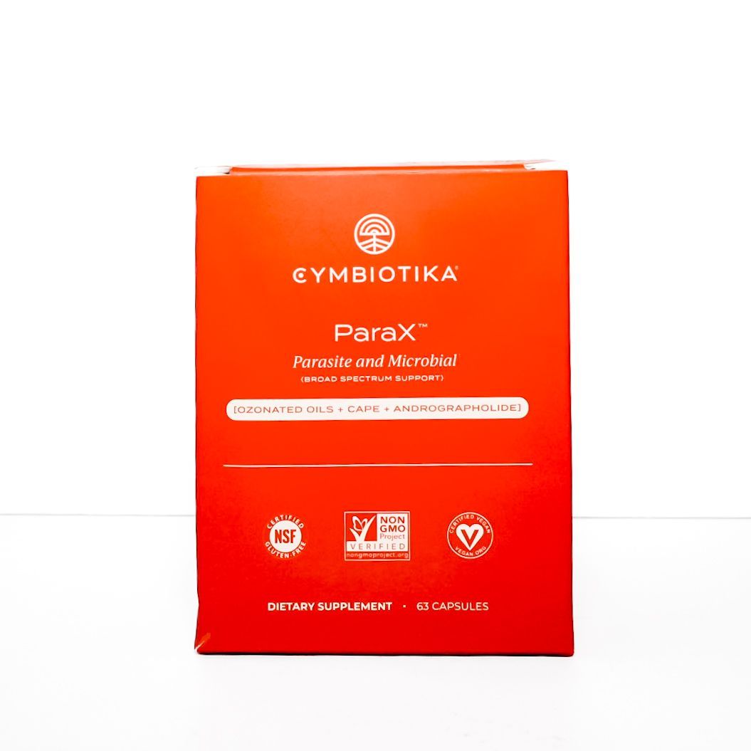 Red Cymbiotika ParaX supplement box package on a white background