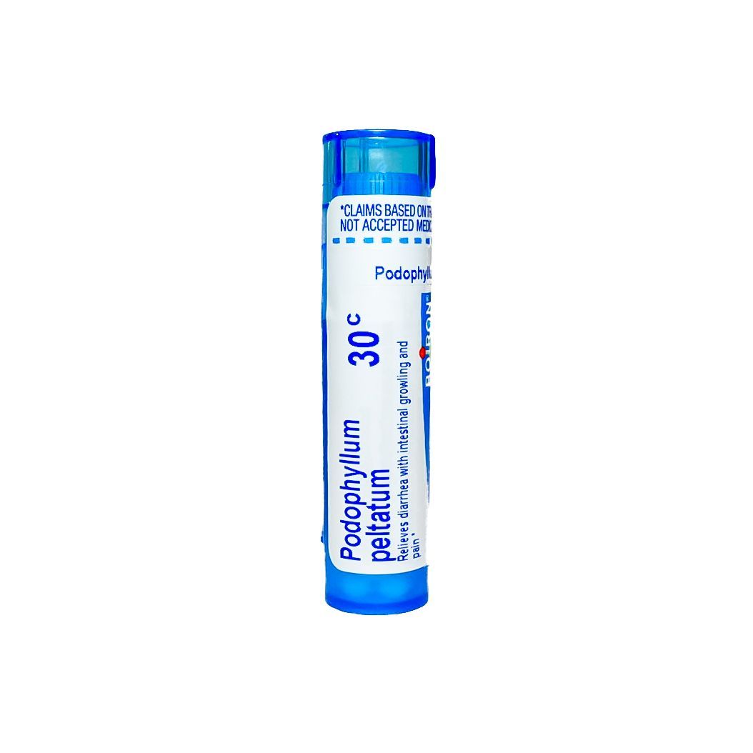 Blue medicine vial labeled “Podophyllin” with a blue cap on a white background