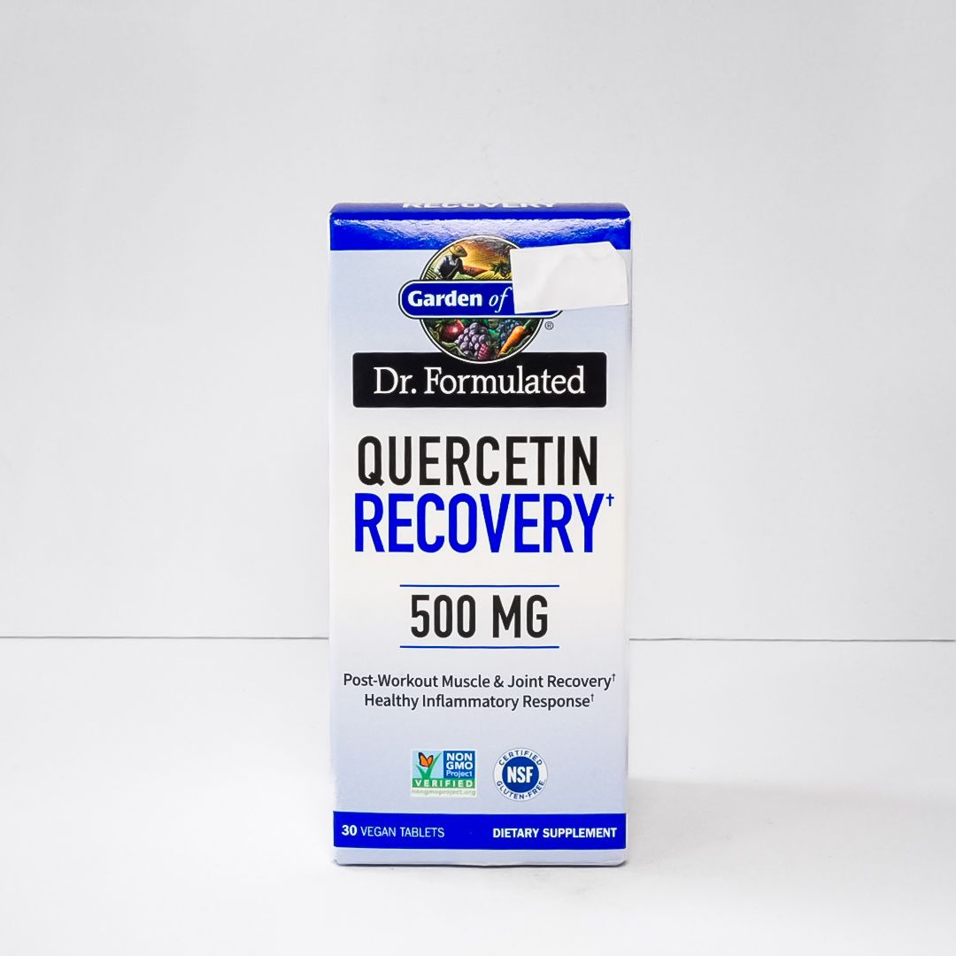 Dr. Formulated Quercetin Recovery 500 mg supplement box with white, blue, and gold packaging
