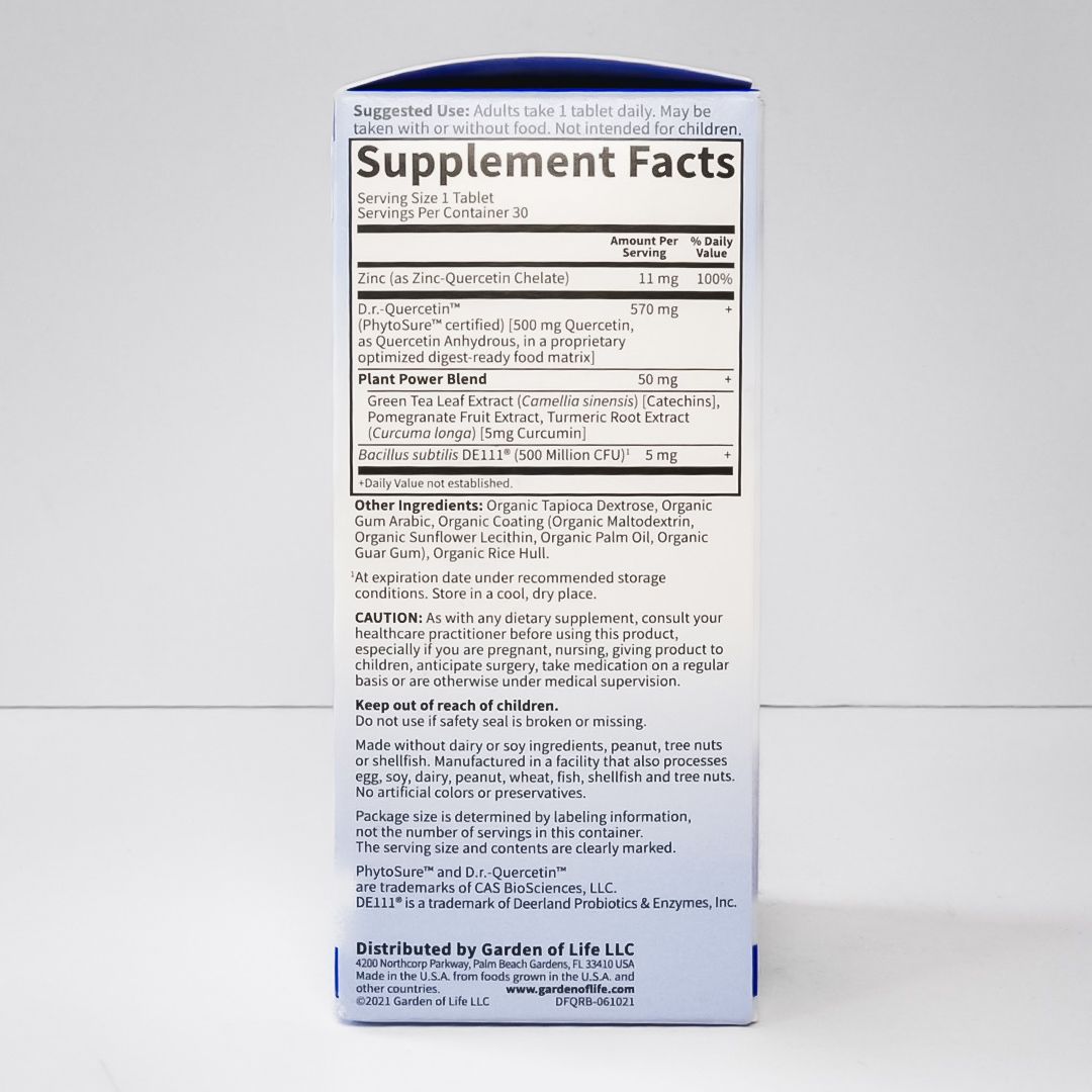 Dr. Formulated Quercetin Recovery 500 mg supplement box with white, blue, and gold packaging