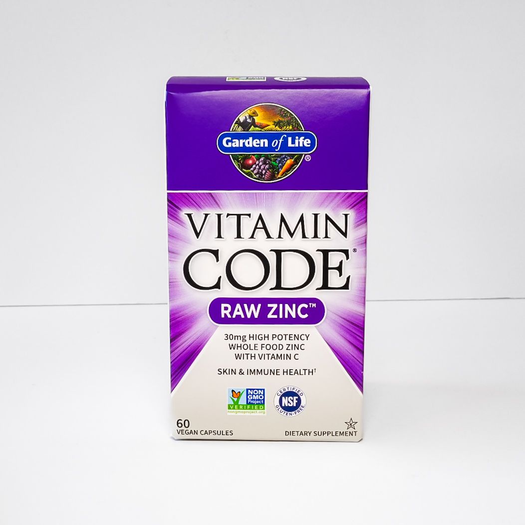 Garden of Life Vitamin Code Raw Zinc supplement box, purple and white packaging