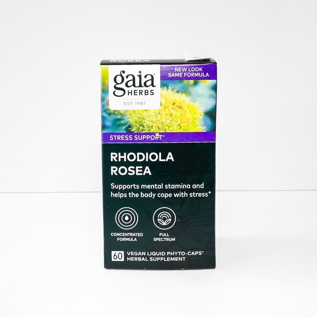 Gaia Herbs Rhodiola Rosea supplement box with purple and black packaging