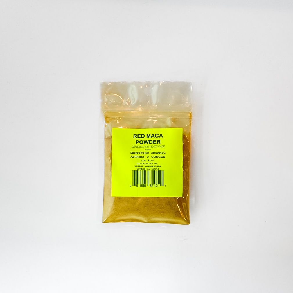 Red maca powder packet with yellow label on a white background