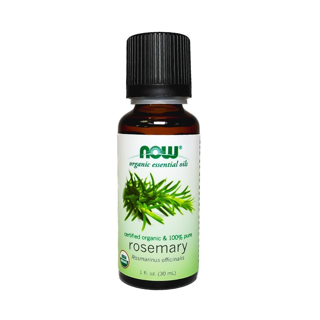 NOW rosemary essential oil bottle with green rosemary sprigs on the label
