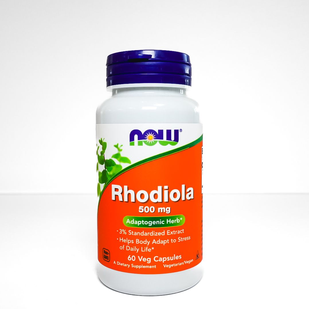NOW Rhodiola 500 mg dietary supplement bottle with orange label and purple cap