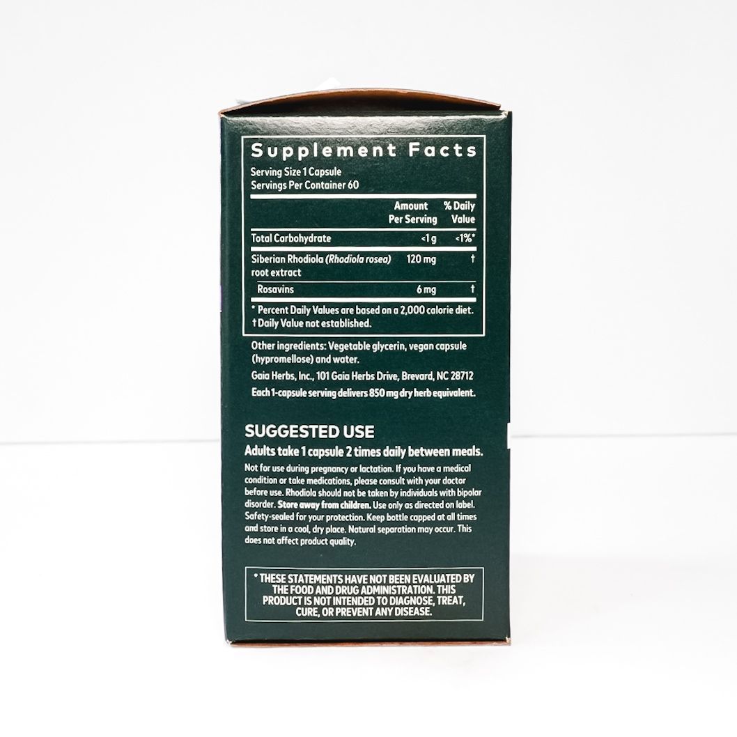 Gaia Herbs Rhodiola Rosea supplement box with purple and black packaging