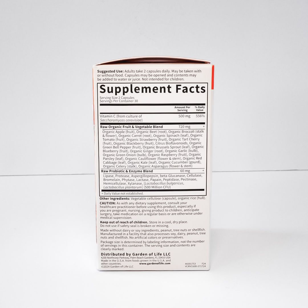 Garden of Life Vitamin Code Raw Vitamin C supplement box, orange and white packaging.