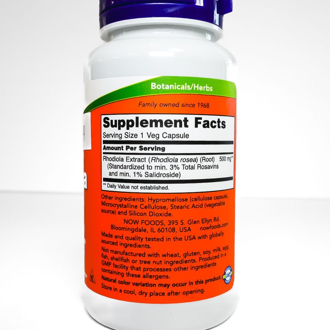 NOW Rhodiola 500 mg dietary supplement bottle with orange label and purple cap