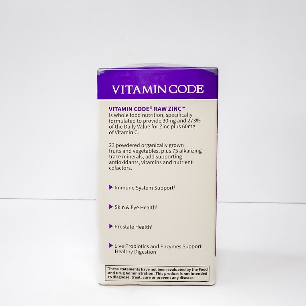 Garden of Life Vitamin Code Raw Zinc supplement box, purple and white packaging