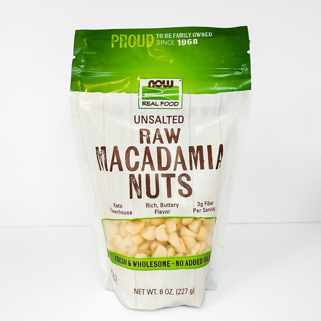 Bag of unsalted raw macadamia nuts with green top and white label