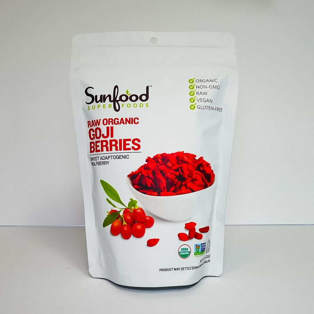 White snack bag with nutrition facts label and product description on the front.