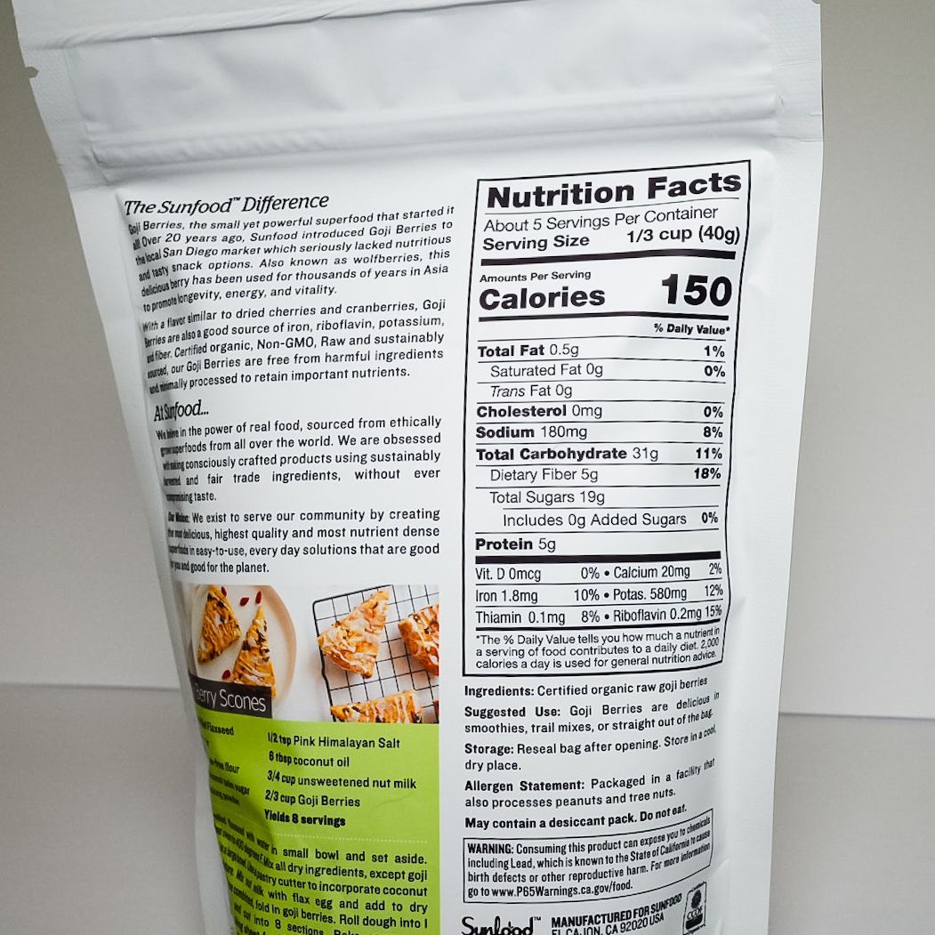 White snack bag with nutrition facts label and product description on the front.