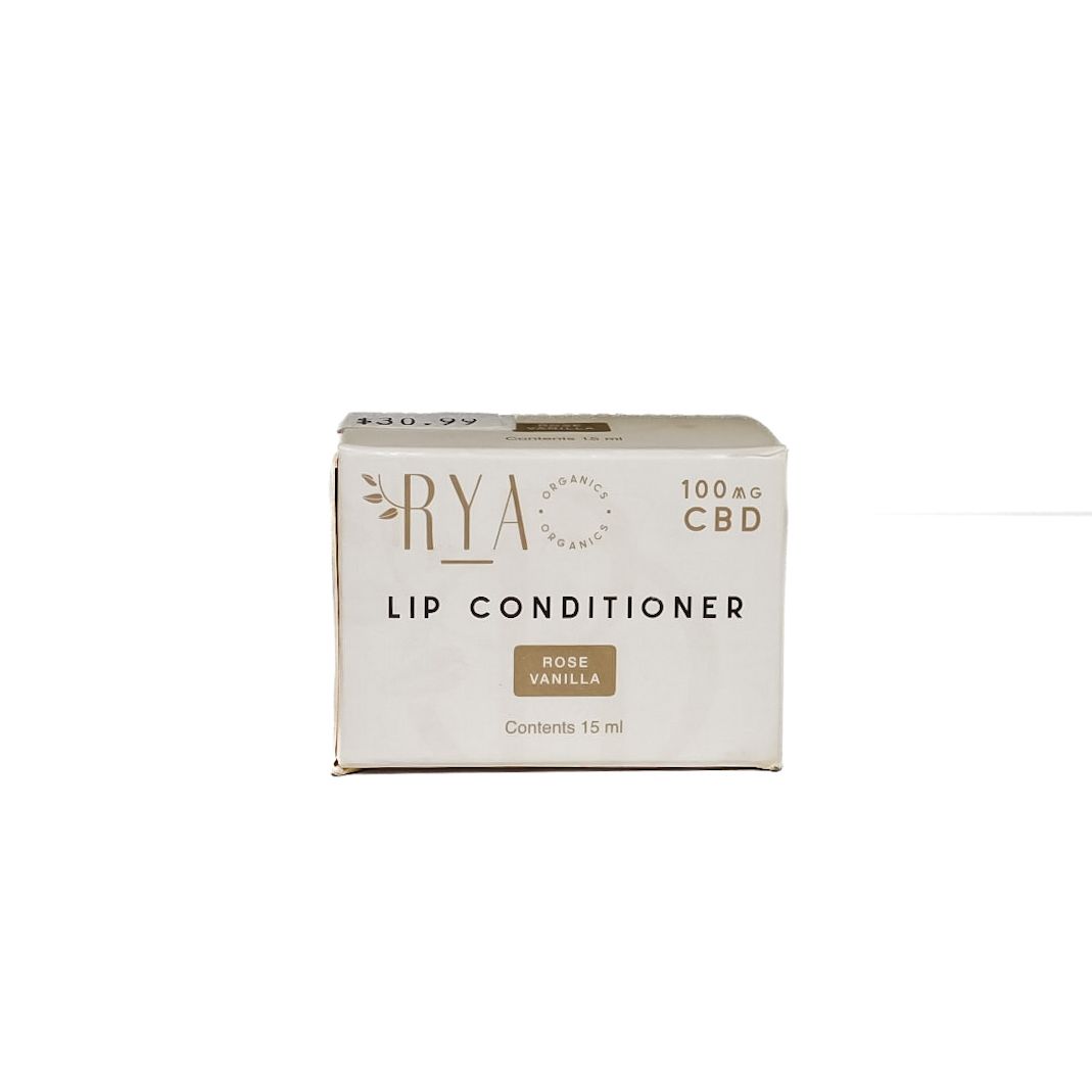 White Briogeo lip conditioner box on a plain background, labeled with CBD and balm details