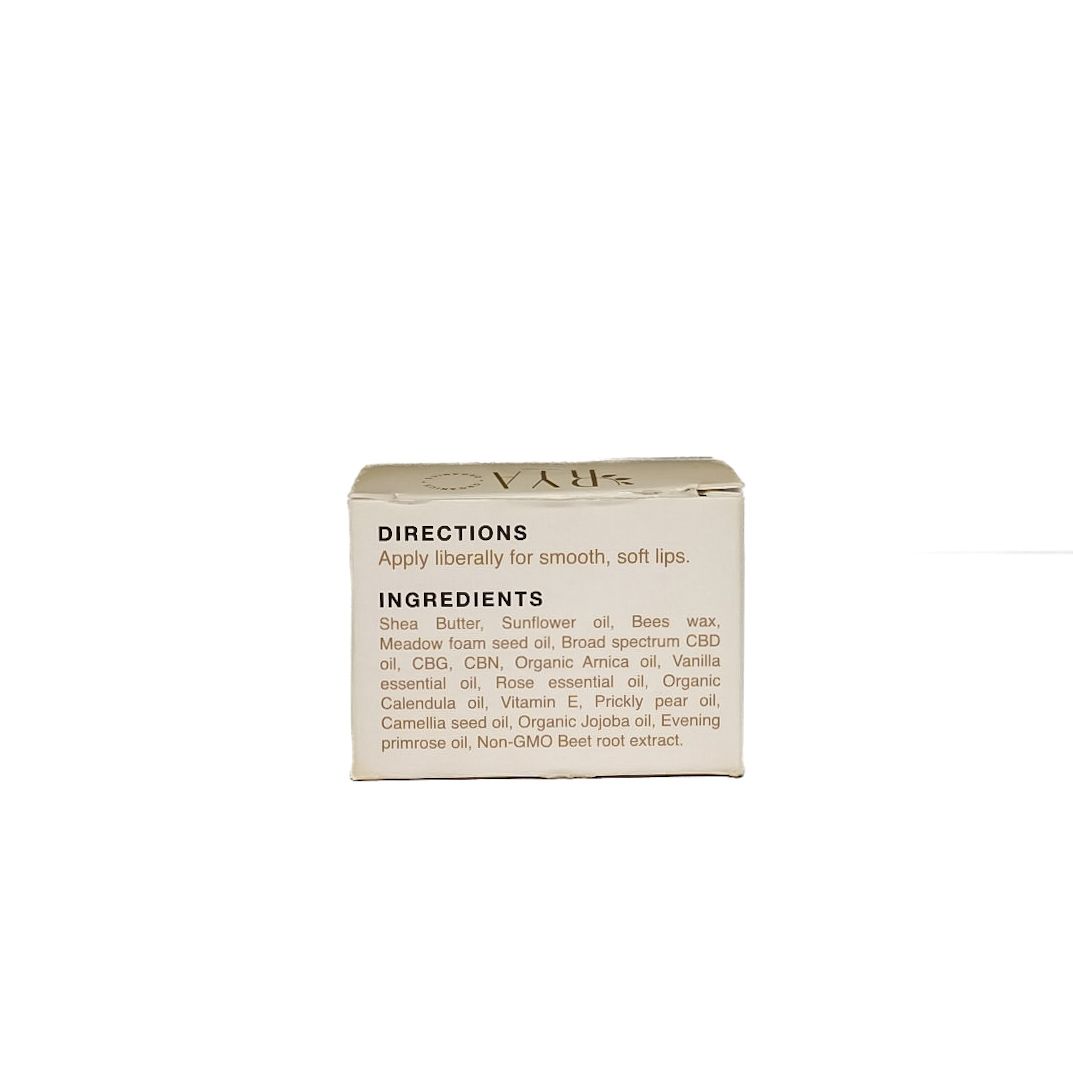 White Briogeo lip conditioner box on a plain background, labeled with CBD and balm details