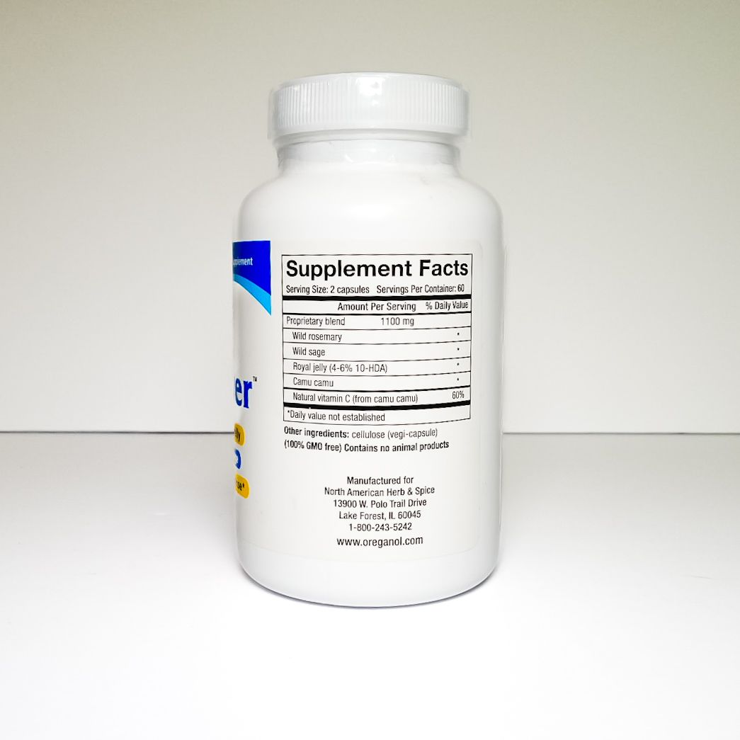 White supplement bottle labeled “Royal Power” with blue and yellow accents on a plain white background