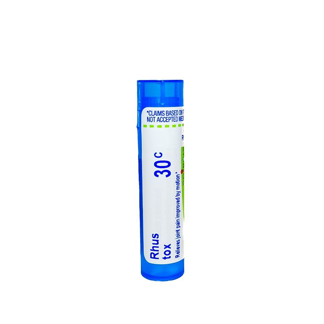 Blue tube of homeopathic pellets labeled “Rhus 30C” on a white background