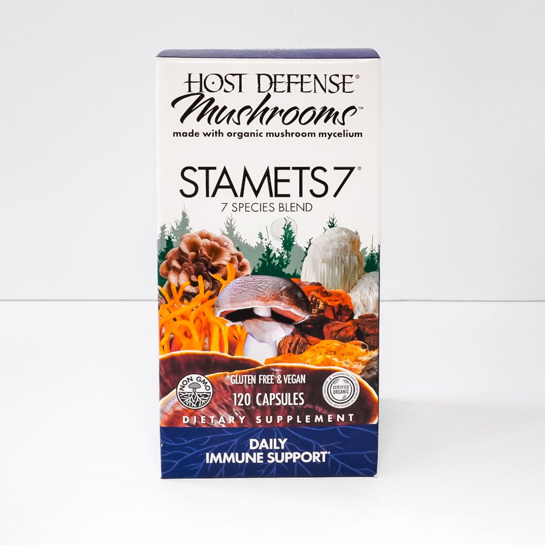 Host Defense Mushrooms Stamets 7 dietary supplement box with mushroom artwork on a white background