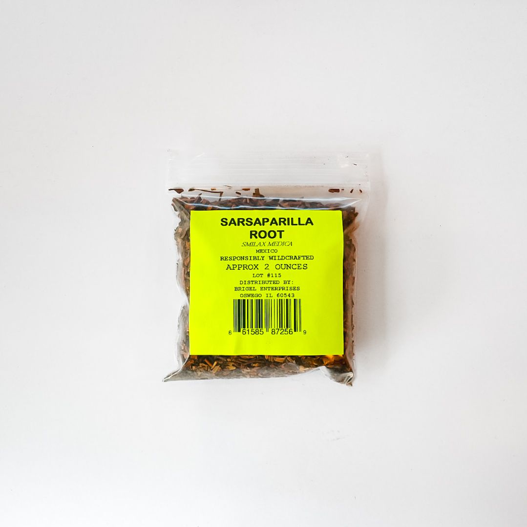 Small yellow packet of sarsaparilla root with a barcode on a white background