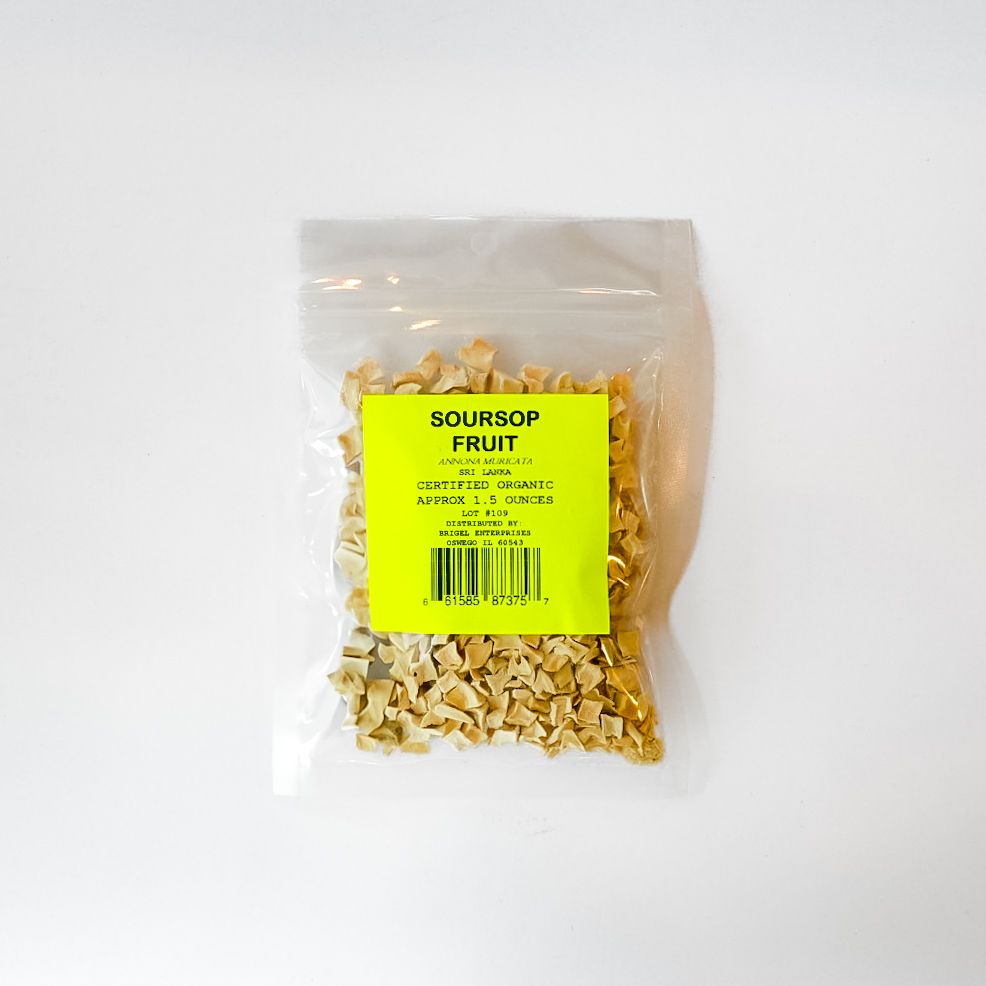 Clear bag of dried soursop fruit with a bright yellow label on a white background