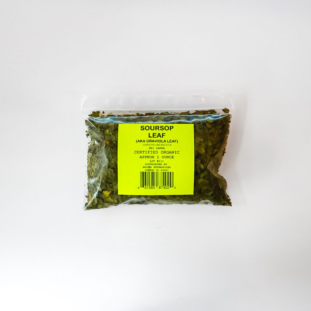 Plastic bag of dried green leaves with a bright yellow label on a white background