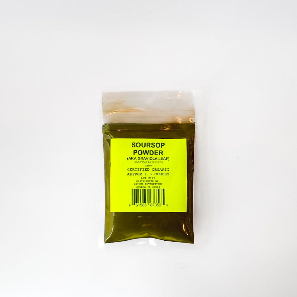 Soursop powder in a small clear plastic pouch with a bright yellow label and barcode