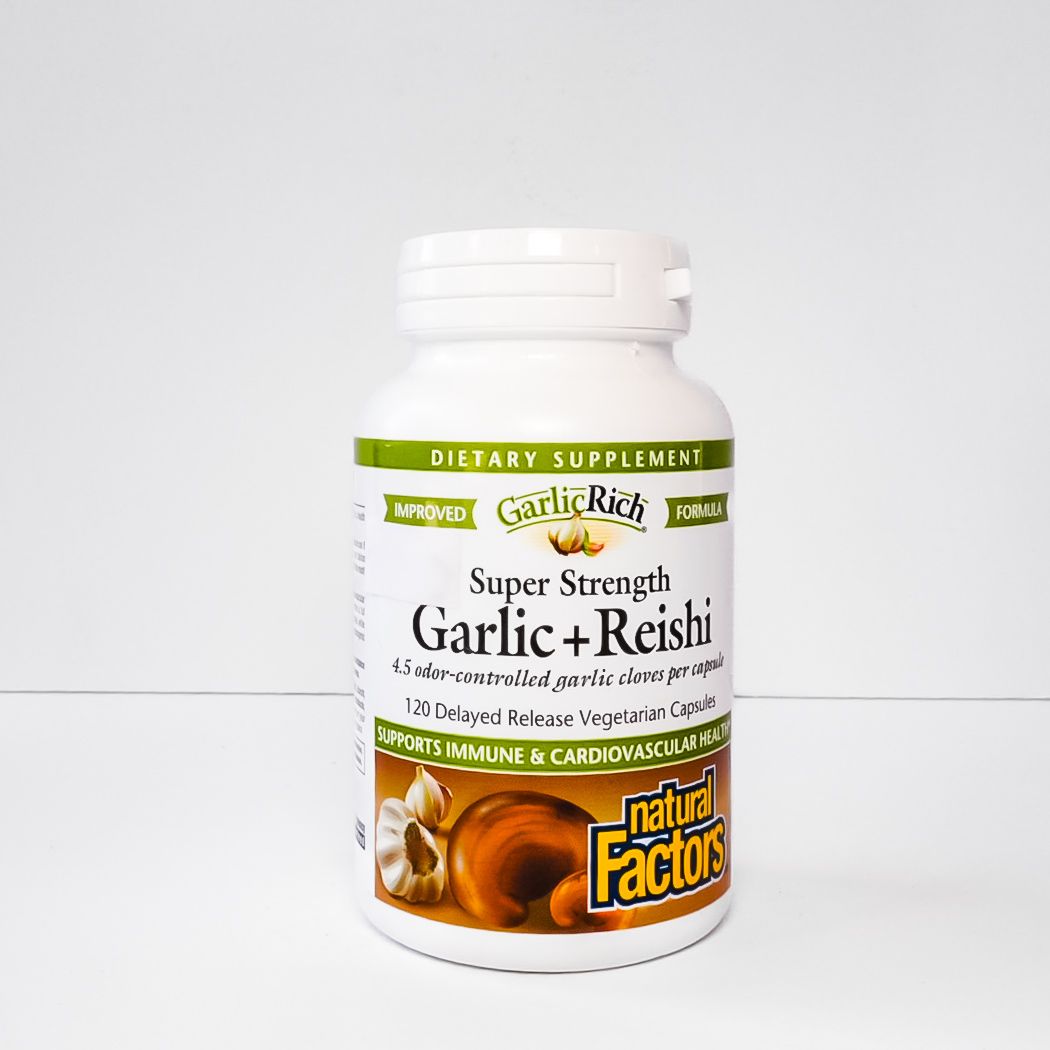 Bottle of Nature’s Factories Super Strength Garlic + Reishi dietary supplement on white background