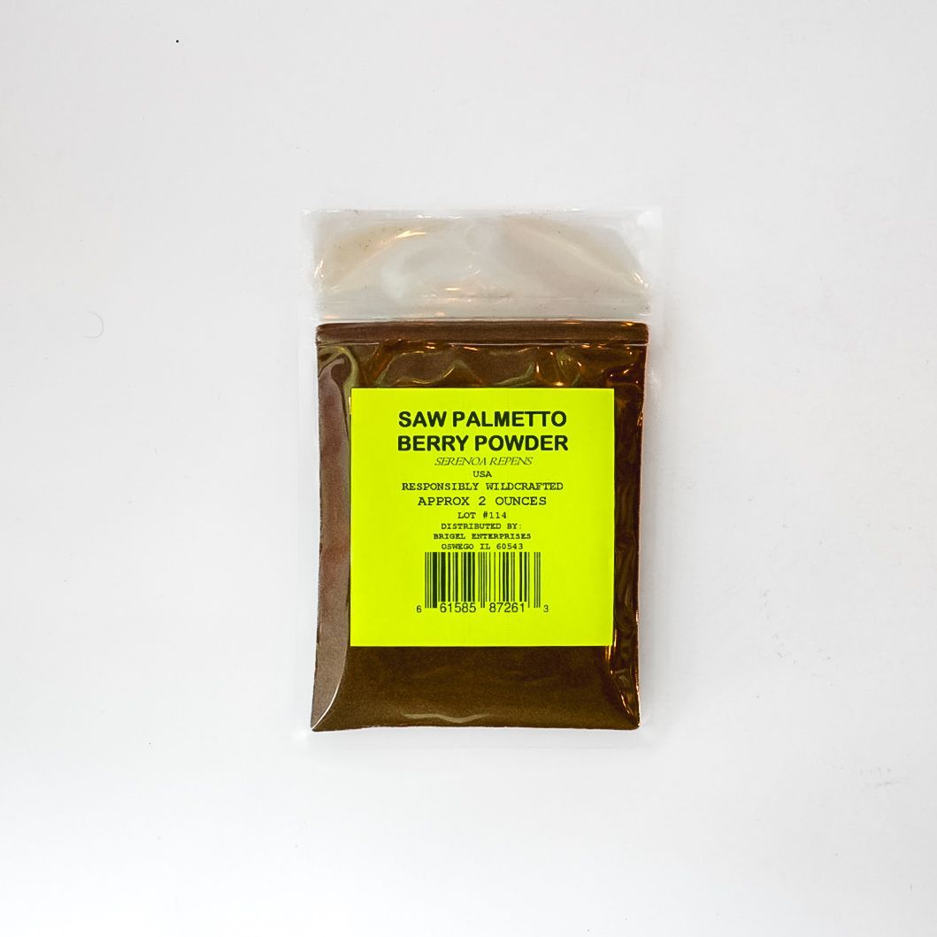 Bag of saw palmetto berry powder with yellow label on white background