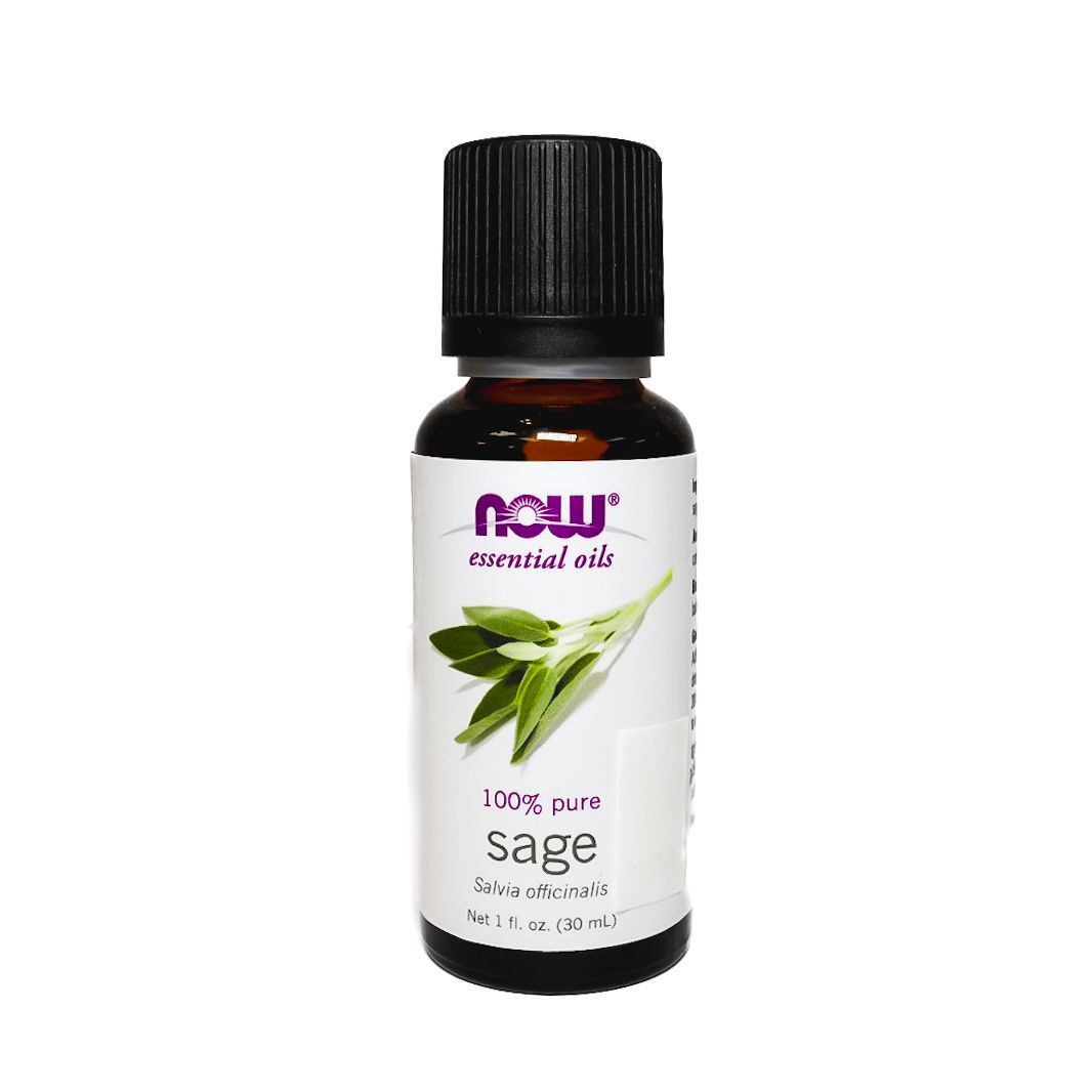 Small bottle of NOW essential oil labeled “Sage” with a black cap on a white background