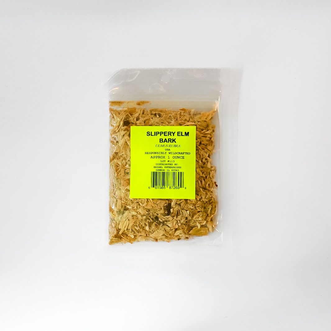 Clear plastic bag of dried leaves with a bright yellow label on a white background