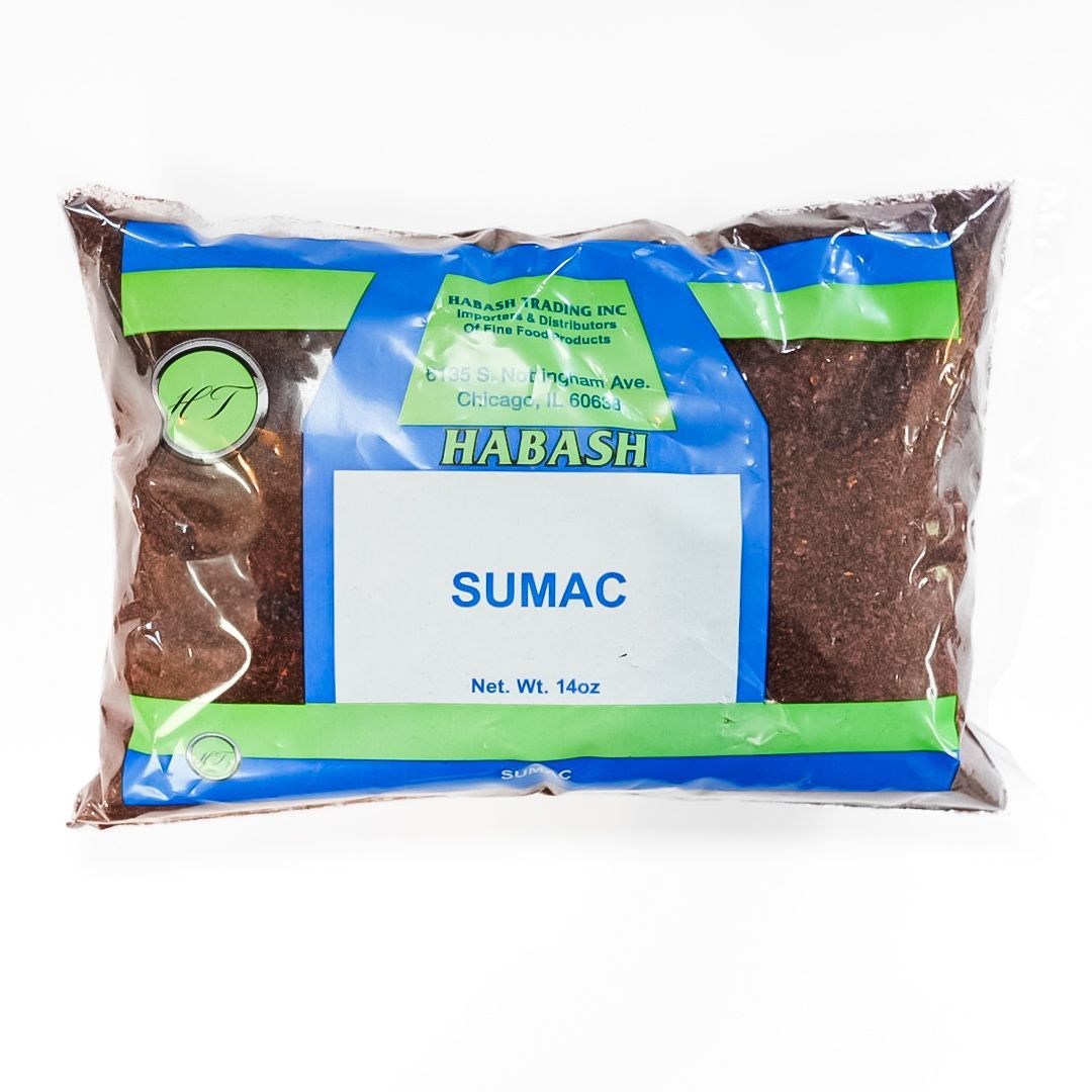 Package of Habash sumac spice in clear plastic with blue and green label.
