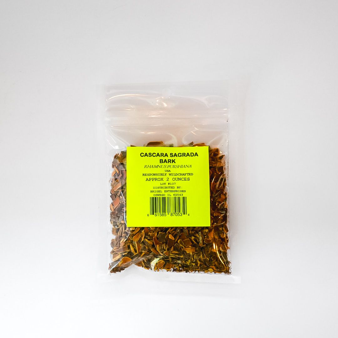 Small clear plastic bag of dried herbs with a bright yellow label and barcode on a white background