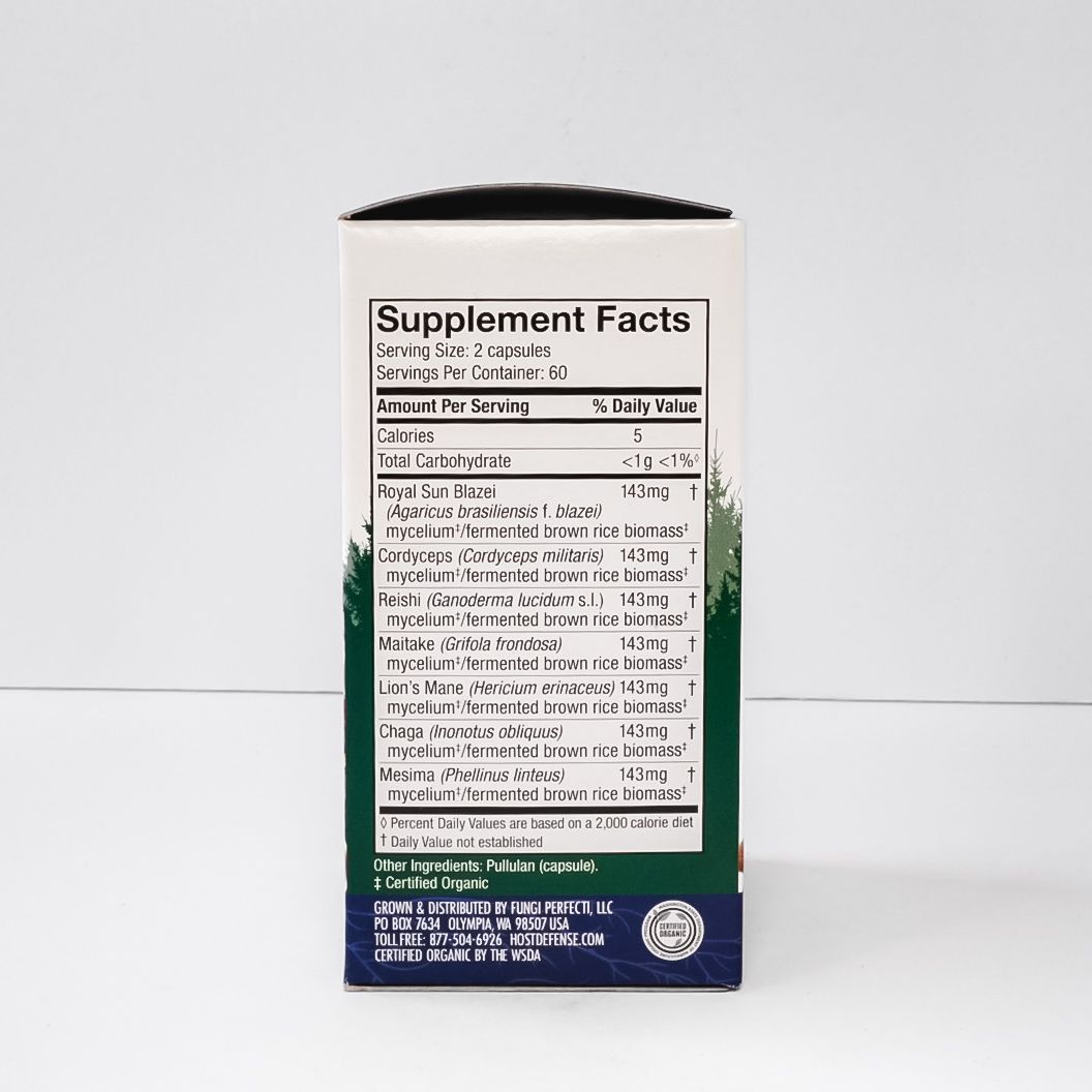 Host Defense Mushrooms Stamets 7 dietary supplement box with mushroom artwork on a white background