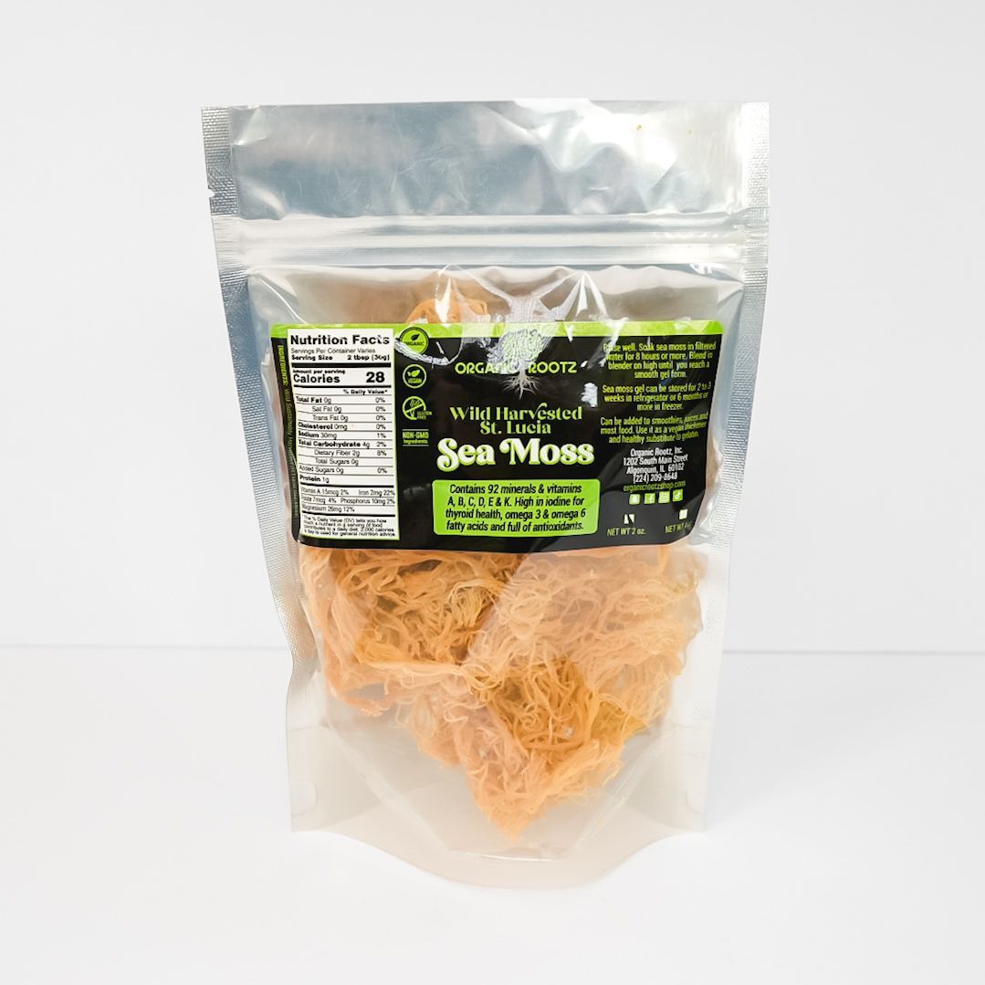 Clear plastic bag of orange shredded snack with a black-and-green label against a white background