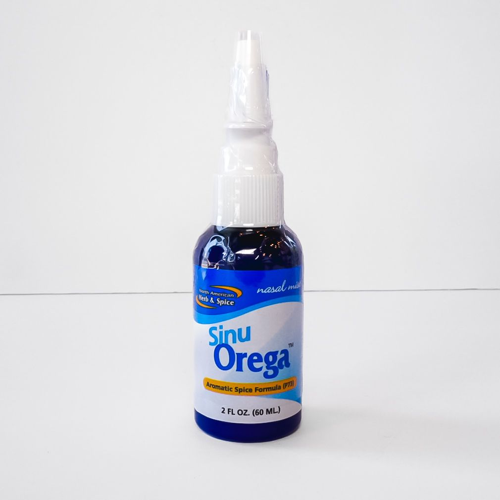 Blue and white SinuOrega nasal spray bottle on a plain white background