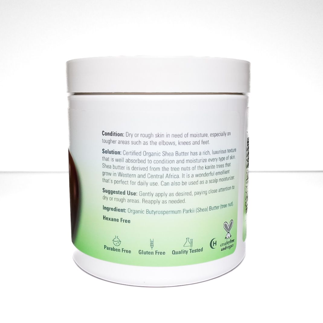 White jar of shea butter cream with purple label on a plain light background