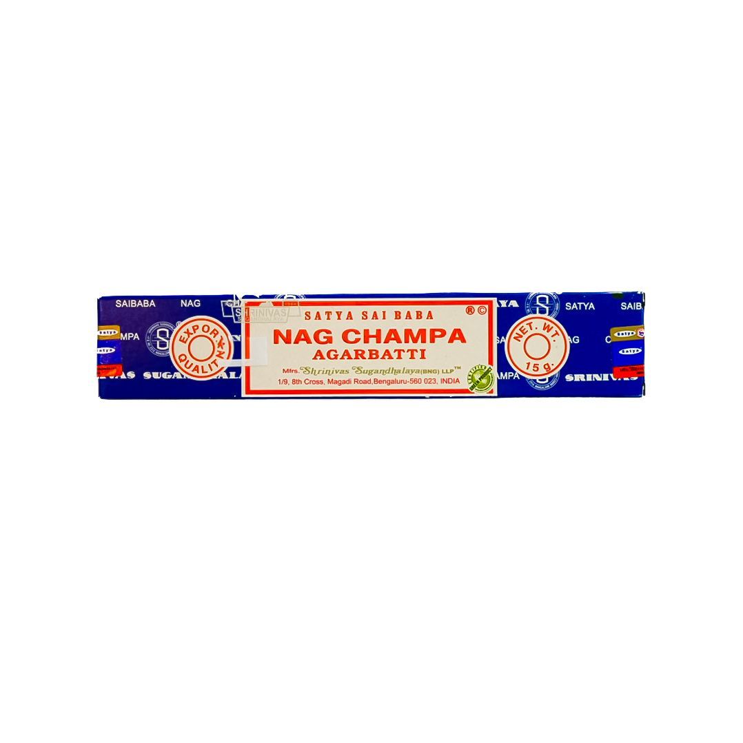 Navy and cream Nag Champa Agarbatti incense box with orange accents and ornate circular designs